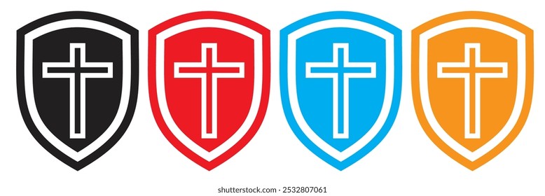 Cruz Cristiana y Escudo de Fe. Conjunto de Vector de iconos cruzados de escudo de protección médica. Icono de seguro de salud, seguro de salud, concepto de escudo de protección médica. Icono de Vector de escudo. 