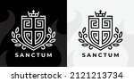 Christian cross shield logo. Religious crucifix coat of arms sanctum line icon. Catholic Calvary church crest symbol. Vector illustration.