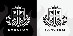 Christian Cross Shield Logo. Religious Crucifix Coat Of Arms Sanctum Line Icon. Catholic Calvary Church Crest Symbol. Vector Illustration.