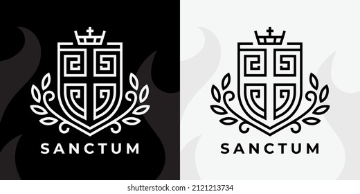 Christian cross shield logo. Religious crucifix coat of arms sanctum line icon. Catholic Calvary church crest symbol. Vector illustration.