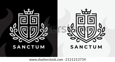 Christian cross shield logo. Religious crucifix coat of arms sanctum line icon. Catholic Calvary church crest symbol. Vector illustration.