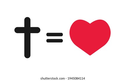 Christian cross and silhouette of heart. Black Christian cross sign, red heart isolated on white background. Symbol of christian love. Vector illustration EPS 10