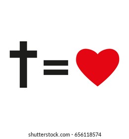 Christian cross and silhouette of heart. Gray symbol of christian love isolated on white background. Vector illustration. Christian symbol.