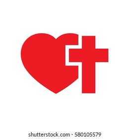 Christian cross and silhouette of heart. Red symbol of christian love isolated on white background. Vector illustration. Christian symbol.