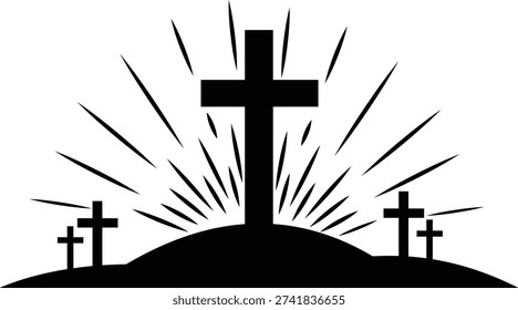 Christian cross silhouette scene featuring three crosses on hill with radiant sun rays. Black and white vector illustration symbolizing faith, hope, Easter celebration.