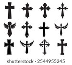 Christian Cross Silhouette. Set Christian Cross Vector Symbol Flat And Outline Style.