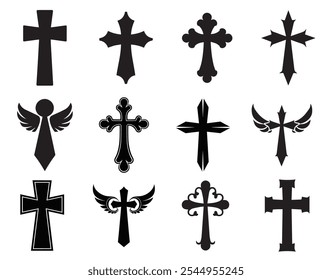 Christian Cross Silhouette. Set Christian Cross Vector Symbol Flat And Outline Style.