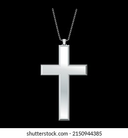 Christian Cross and silver chain lavaliere necklace jewelry isolated on a black background. 