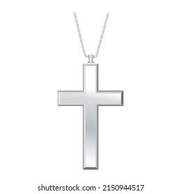 Christian Cross and silver chain lavaliere necklace jewelry isolated on a white background. 
