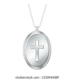 Christian Cross silver engraved lavaliere pendant necklace with silver chain isolated on a white background. 