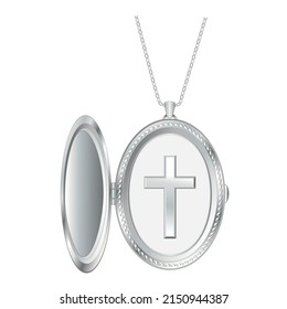 Christian Cross silver engraved open locket with silver chain necklace isolated on a white background. 