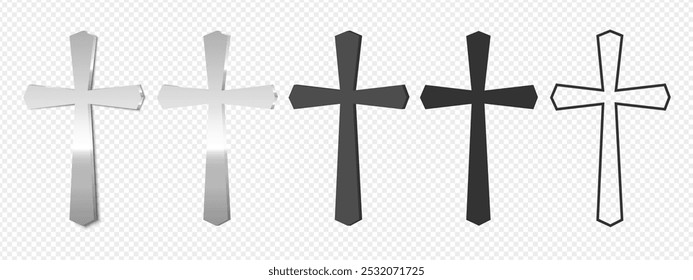 Christliches Kreuz. Ein silbernes, silhouettiertes, katholisches oder christliches Kreuz, Umrisskreuz. Religion und Glaube an Gott	
