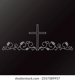 Christian cross with simple pattern swirl branches leaves