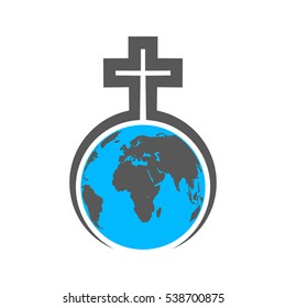 Christian Cross stands over the Globe. Globe Earth in the embrace of a Christian cross. Vector illustration