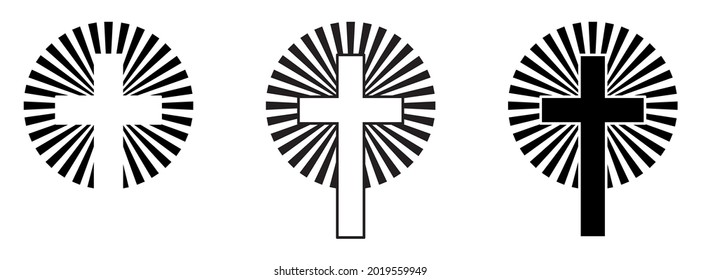 Christian cross with sun rays. Christian cross icon. Abstract religion symbol. Vector illustration. Church logo isolated