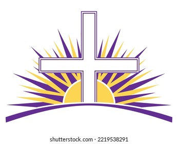 Christian cross with the sun rising behind. Church icon with cross and sun in purple and gold colors isolated on white. Church logo design