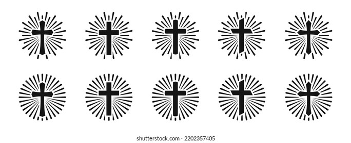 Christian cross sunburst icons. Cross in sunburst icon collection. Vector graphic EPS 10