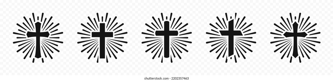 Christian cross sunburst icons. Cross starburst circle retro vintage hipster design. Cross in sunburst icon collection. Vector graphic EPS 10