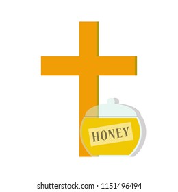 Christian cross and sweet honey, Orthodox holiday,vector image, flat design
