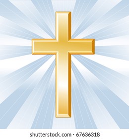 Christian Cross Symbol, Golden crucifix, icon of the Christian faith on a sky blue background with rays. EPS8 compatible.