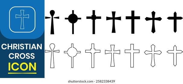 Christian cross symbol icon. Religion cross icon collection. Catholic symbol flat vector, A symbol of the love of Jesus Christ, religion symbol, Easter, Christening. God vector illustration.