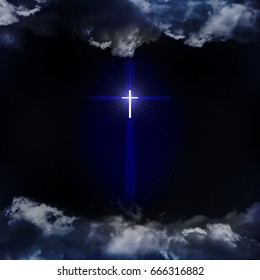 Christian Cross. Symbol of christian religion. The symbol is seen through the clouds in the night sky. Vector