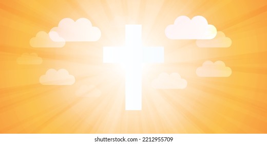 Christian Cross Symbol in the Sky with Sun Rays and Clouds - Sign of Crucifix, Easter, Purity, Faith, Baptism, Holy Spirit, Evangelization and Resurrection - Orange Background with Bright Light Beam