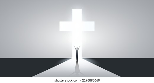 Christliches Kreuzsymbol mit dem ständigen Menschenzeichen von Crucifix, Osterzeichen, Reinheit, Glaube, Taufe, Heiliger Geist, Evangelisierung und Auferstehung auf grauem Hintergrund mit hellem Licht, Design für verschiedene Verwendungsfälle