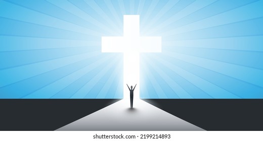 Christian Cross Symbol with Sun Rays and Standing Man - Sign of Crucifix, Easter, Purity, Faith, Baptism, Holy Spirit, Evangelization and Resurrection - Blue Background with Bright Rays of Light