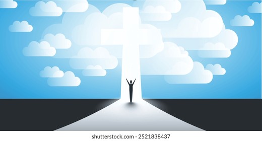 Christian Cross Symbol with Sun Rays, Clouds, Standing Man - Sign of Crucifix, Easter, Purity, Faith, Baptism, Holy Spirit, Evangelization and Resurrection - Blue Background with Bright Rays of Light