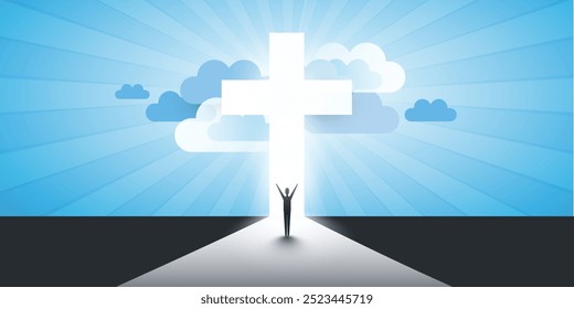 Christian Cross Symbol with Sun Rays, Clouds, Standing Man - Sign of Crucifix, Easter, Purity, Faith, Baptism, Holy Spirit, Evangelization and Resurrection - Blue Background with Bright Rays of Light