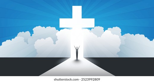 Christian Cross Symbol with Sun Rays, Clouds, Standing Man - Sign of Crucifix, Easter, Purity, Faith, Baptism, Holy Spirit, Evangelization and Resurrection - Blue Background with Bright Rays of Light