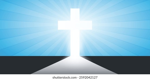 Christian Cross Symbol and Sun Rays at the End of the Road - Sign of Crucifix, Easter, Purity, Faith, Baptism, Holy Spirit, Evangelization and Resurrection - Blue Background with Bright Rays of Light