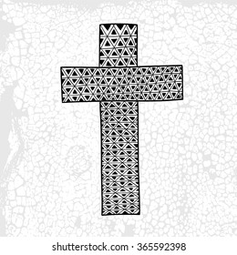 Christian cross with a triangular ornament. Vector black and white illustration on textured background