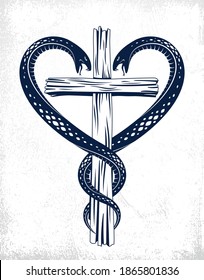 Christian cross and two snakes in a shape of heart, religion symbolism, vector logo or tattoo.