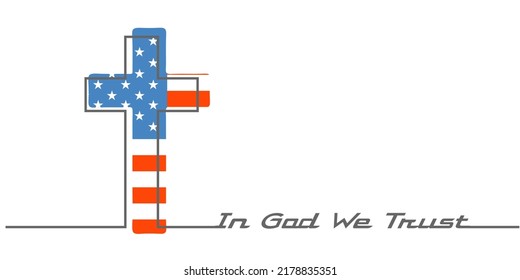 Christian cross with USA national flag texture. Religion concept illustration. In God we trust text. Thin line style