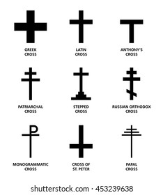 Christian cross variants. The nine most important main religious symbols of Cristianity, widely used in and on churches, on bibles, in heraldy, in personal jewelry and on hilltops. English labeling.