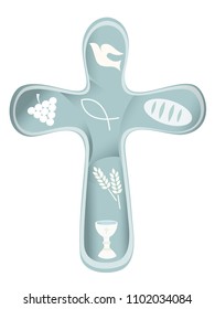 Christian cross various symbols on a pastel blue background