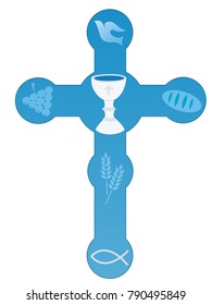 Christian cross various symbols on blue background	
