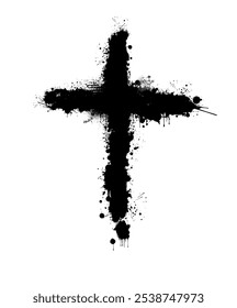 Christian cross vector. Black blotted cross. hand drawn. Not AI, Vector.