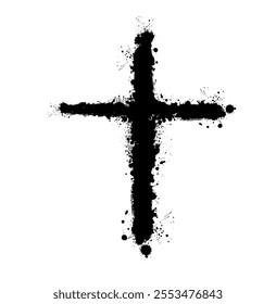 Christian cross vector. Black blotted cross. hand drawn. Not AI, Vector.