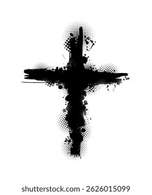 Christian cross vector. Black blotted cross. hand drawn. Not AI, Vector.
