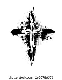Christian cross vector. Black blotted cross. hand drawn. Not AI, Vector.
