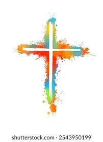 Christian cross vector. Colored blotted cross. hand drawn. Not AI, Vector illustration.