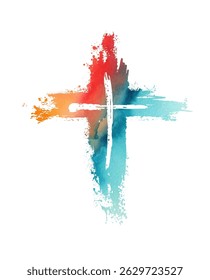Christian cross vector. colored blotted cross. hand drawn. Not AI, Vector.