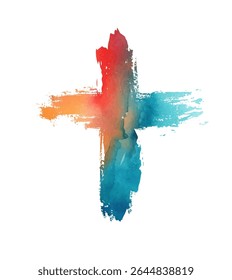Christian cross vector. colored blotted cross. hand drawn. Not AI, Vector.