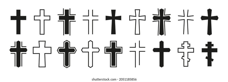 Christian cross vector icon set. Art various black christian cross. Religion symbols isolated on white background. Vector illustration.