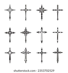 Christian cross vector icon symbols.  Abstract christian religious belief or faith art illustration for orthodox or catholic design. The symbol of the cross in various designs used in tattoo.	