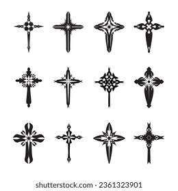 Christian cross vector icon symbols.  Abstract christian religious belief or faith art illustration for orthodox or catholic design. The symbol of the cross in various designs used in tattoo.	