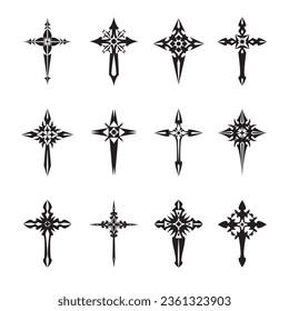 Christian cross vector icon symbols.  Abstract christian religious belief or faith art illustration for orthodox or catholic design. The symbol of the cross in various designs used in tattoo.	